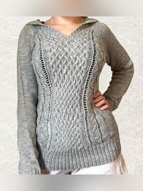 Gray Cable Knit Hooded Women's Sweater